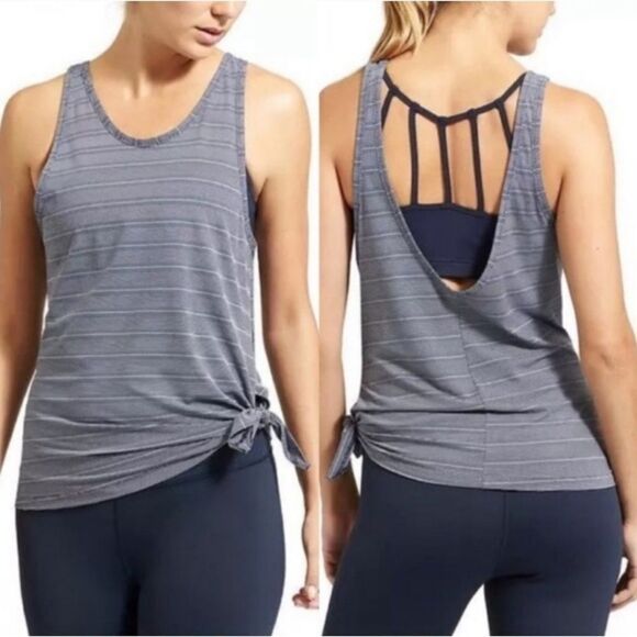 Athleta Tops - Athleta Tank Blue White Stripe Max Out Asymmetrical Side Slit 591302 S